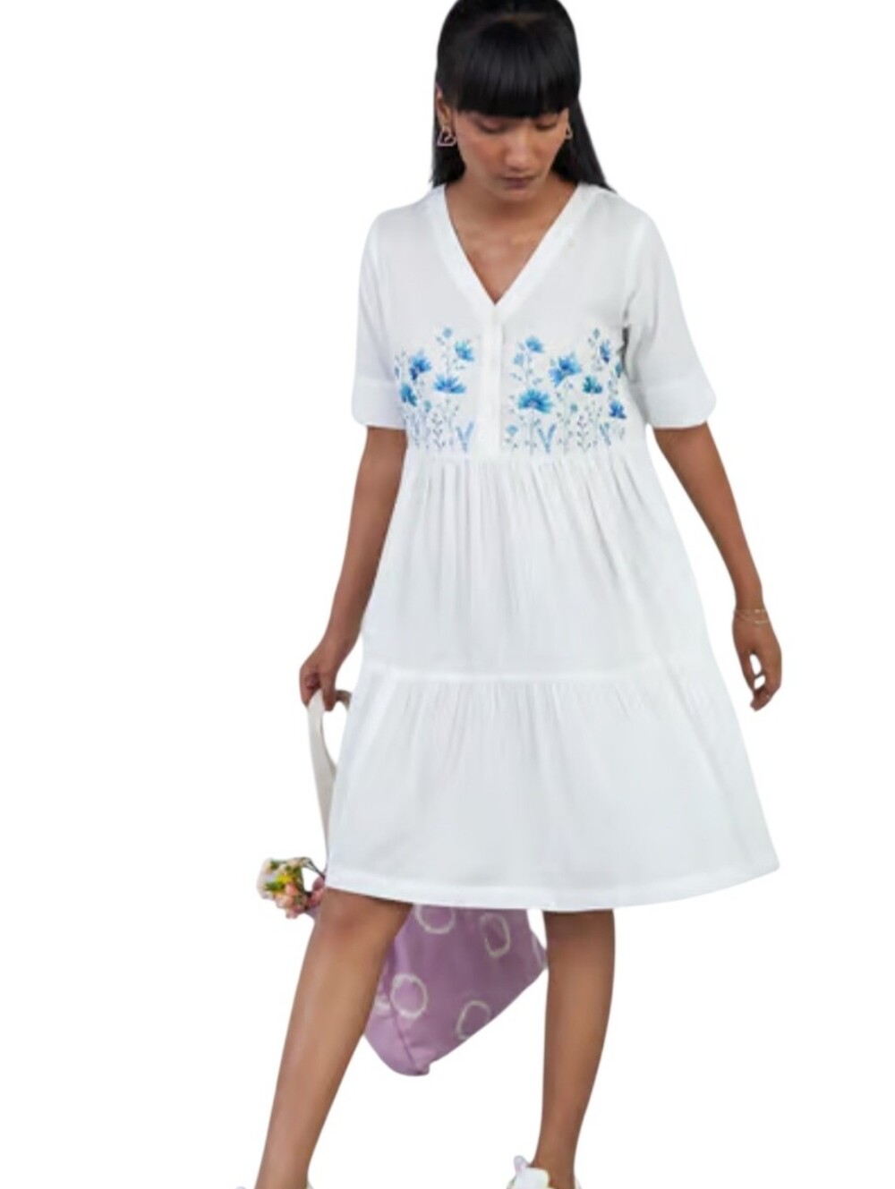 Bombay Paisley White Tiered Dress Size S Blue Floral Embroidery Boho Cottagecore